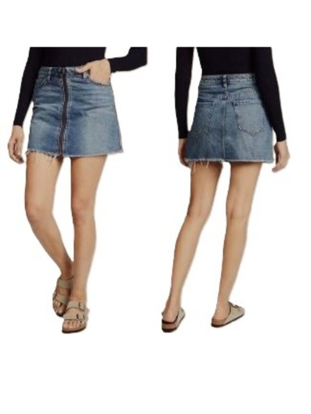 Free People We the Free Sz 26 2 EUC Full Zip Denim Mini Skirt Raw Hem Med Wash
